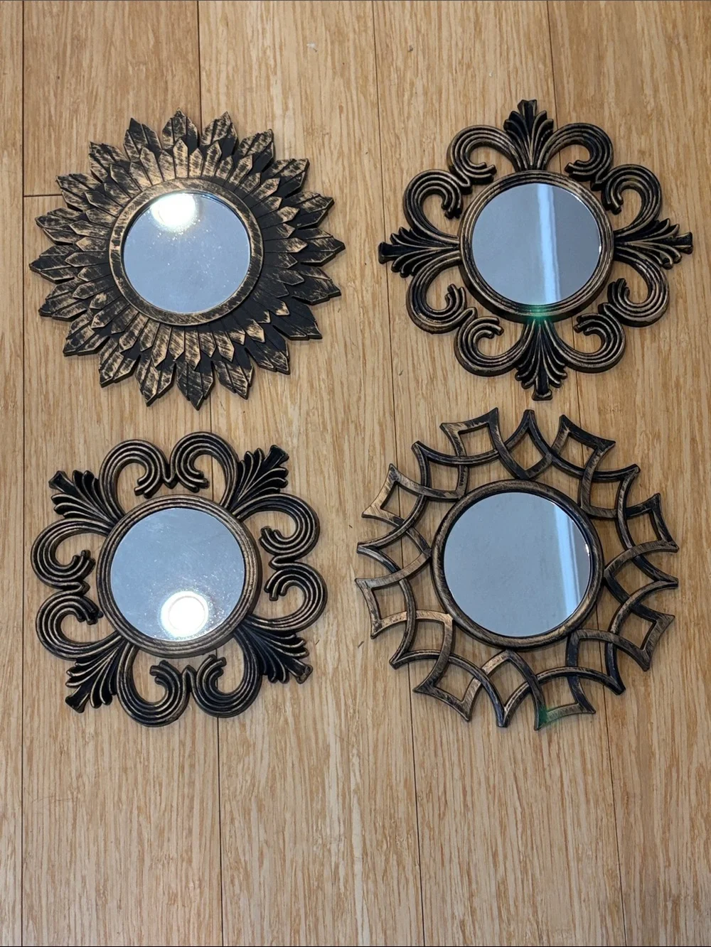 Decorative Sunburst Wall Mirrors - Plastic w/ Bronze Finish (Set of 4) - 9.5” W